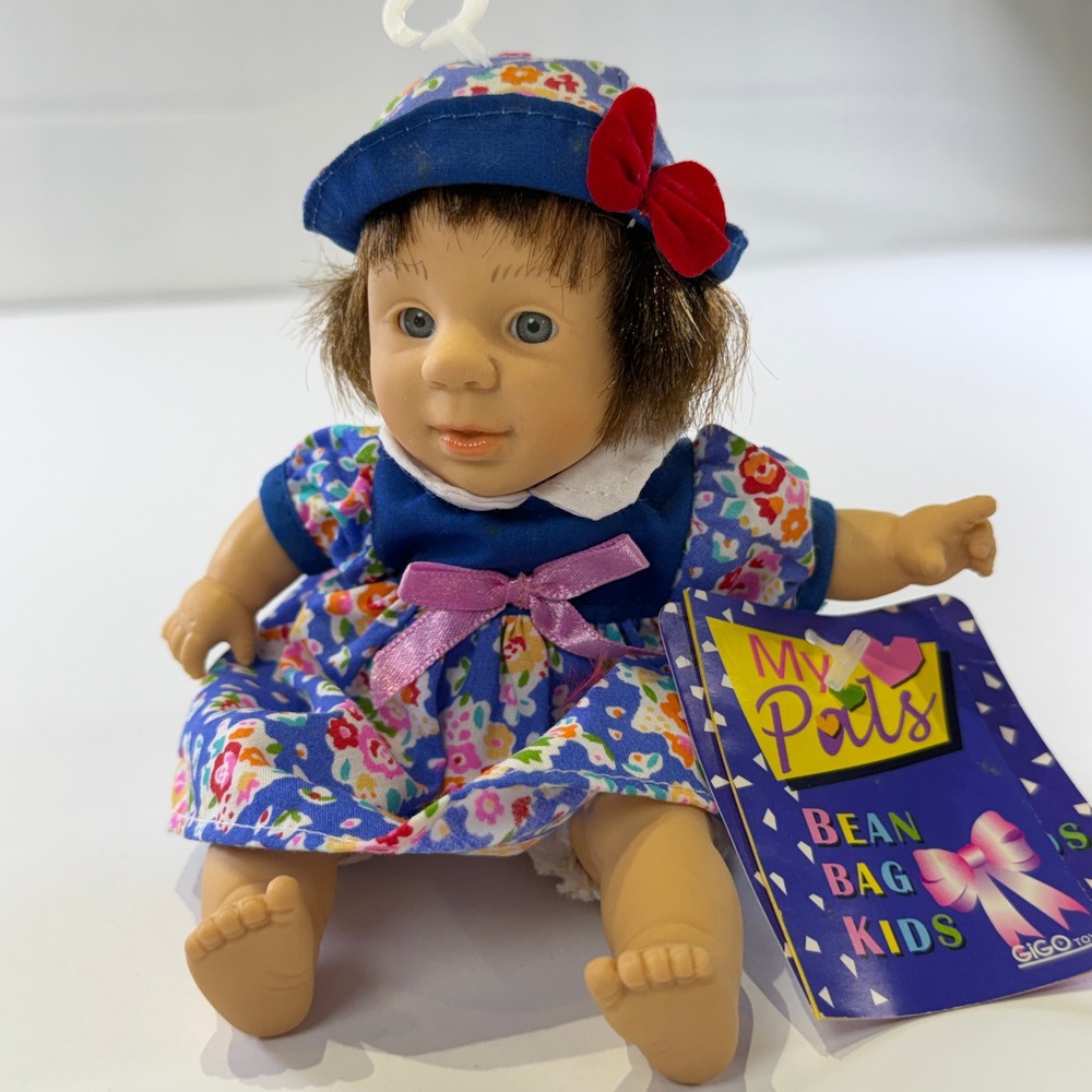 Vintage Gigo Toy My Pals Bean Bag Kids Doll Blue Floral Dress Hat NWT 306B9